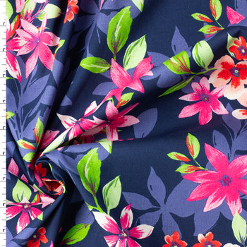 Bright Island Floral on Navy Stretch Cotton Poplin #31537 Fabric By The Yard