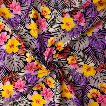 Pink, Purple, and Yellow Flowers and Fronds on Black Stretch Cotton Poplin #31540 Fabric By The Yard - Wide shot
