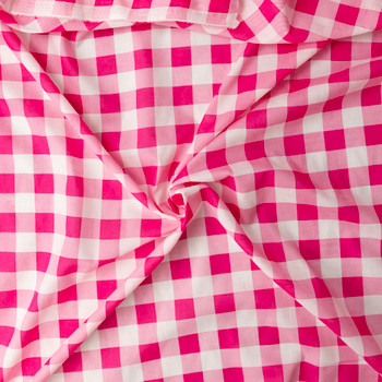 Hot Pink and White 1” Gingham Print Cotton Lawn #31545 Fabric By The Yard - Wide shot