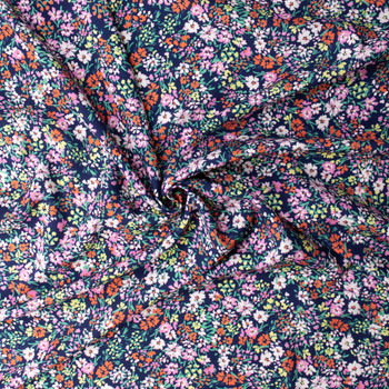 Bright Spring Floral on Navy Rayon Gabardine #31613 Fabric By The Yard - Wide shot