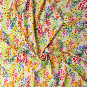 Neon Botanical on Ivory Rayon Chalis #31614 Fabric By The Yard - Wide shot