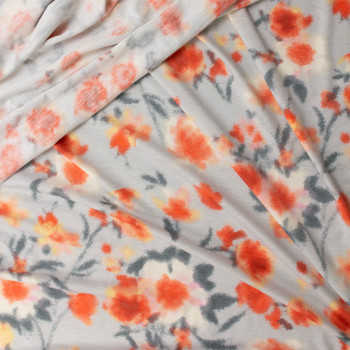 Orange and Charcoal Soft Floral on Silver Tri-blend French Terry #31637 Fabric By The Yard - Wide shot