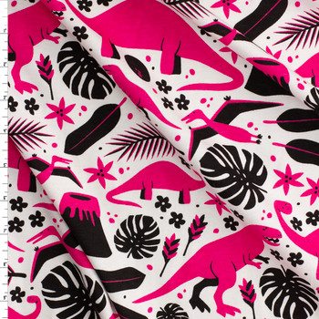 Pink and Black Dino World Cotton Jersey Knit Print #31682 Fabric By The Yard