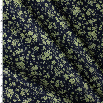 Olive on Navy Floral Vines Japanese Pinwale Corduroy from Hokkoh #31737 Fabric By The Yard