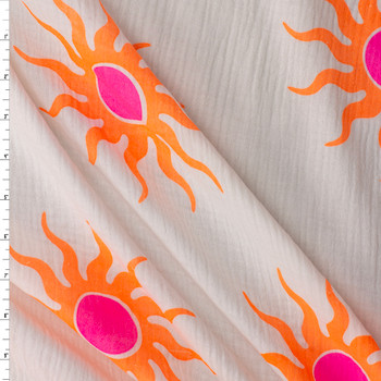 Neon Orange and Pink Suns on White Italian Designer Cotton Double Gauze #31770 Fabric By The Yard