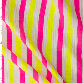 Neon Yellow and Pink Vertical Stripe Italian Designer Cotton Double Gauze #31774 Fabric By The Yard
