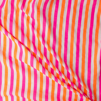 Neon Orange and Pink Vertical Stripe Italian Designer Cotton Double Gauze #31776 Fabric By The Yard - Wide shot