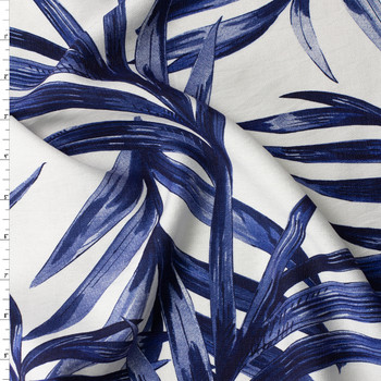 Blue Palms on White Italian Designer Viscose/Nylon Linen Look #31777 Fabric By The Yard