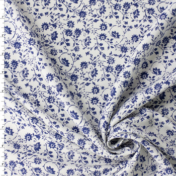 Blue Grunge Vines on White Italian Designer Viscose Twill #31779 Fabric By The Yard