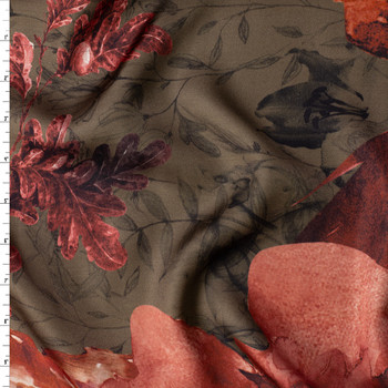 Terracotta Floral on Taupe Border Print Italian Designer Viscose Satin #31780 Fabric By The Yard