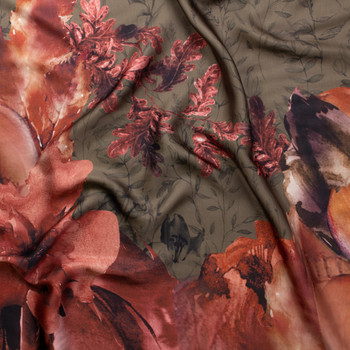 Terracotta Floral on Taupe Border Print Italian Designer Viscose Satin #31780 Fabric By The Yard - Wide shot