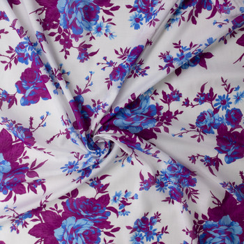 Purple and Blue Rose Floral on White Italian Designer Cotton Lawn #31786 Fabric By The Yard - Wide shot
