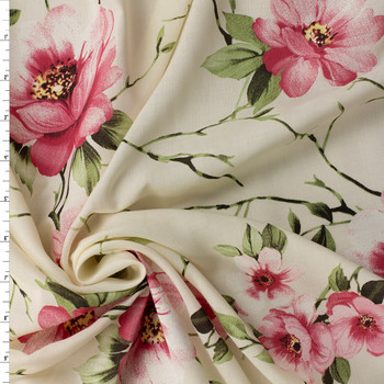 Soft Pink and Sage Floral on Ivory Italian Designer Cotton Lawn #31787 Fabric By The Yard