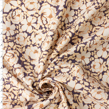 Charcoal and Ivory Retro Floral Italian Designer Cotton Lawn #31789 Fabric By The Yard