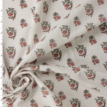 Coral and Sage Mini Illustrative Floral on Offwhite Italian Designer Cotton Lawn #31795 Fabric By The Yard