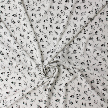 Black on White Floral Silhouettes Linen Look Rayon Woven #31816 Fabric By The Yard - Wide shot
