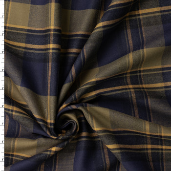 Olive, Navy, and Tan Plaid Italian Designer Brushed Cotton #31825 Fabric By The Yard