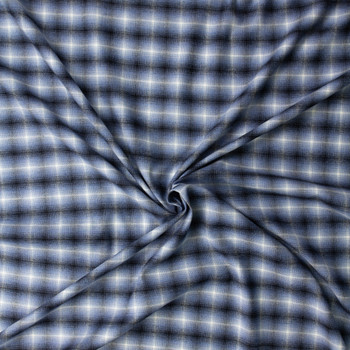 Blue, White, and Black Gradient Plaid Italian Designer Brushed Cotton #31826 Fabric By The Yard - Wide shot