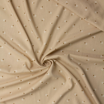 White and Brown Mini Floral on Light Tan Rayon/Linen #31829 Fabric By The Yard - Wide shot