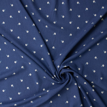 White and Sky Blue Mini Floral on Navy Rayon/Linen #31830 Fabric By The Yard - Wide shot