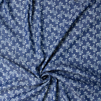 Indigo Cottage Floral Italian Designer Lightweight Denim #31836 Fabric By The Yard - Wide shot