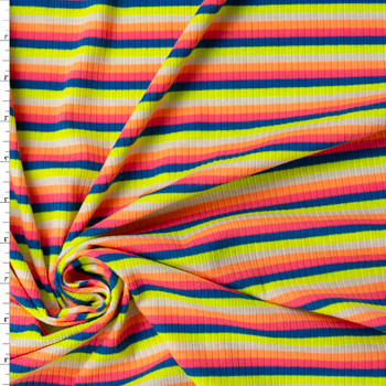 Horizontal Neon Rainbow Stripe Stretch Poly Rib Knit #31897 Fabric By The Yard