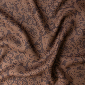 Espresso on Brown Rose Floral Print Designer Linen #31921 Fabric By The Yard - Wide shot
