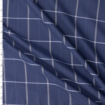 White on Navy Fine Plaid Stretch Brushed Cotton Twill Shirting #31945 Fabric By The Yard