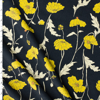 Mustard and Ivory Floral on Midnight Japanese Micro Wale Corduroy from Hokkoh #31955 Fabric By The Yard
