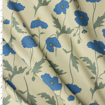 Cobalt and Tan Floral on Light Tan Japanese Micro Wale Corduroy from Hokkoh #31959 Fabric By The Yard