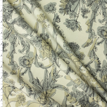 Tan and Taupe Sketchbook Floral on Light Tan Japanese Micro Wale Corduroy from Hokkoh #31960 Fabric By The Yard