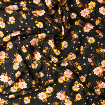 Blush Floral on Black Rayon Crepe #31966 Fabric By The Yard - Wide shot