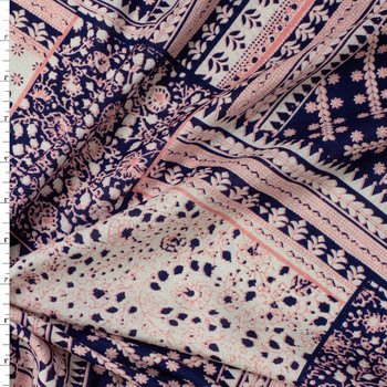Navy, Ivory, and Pink Patchwork Diamonds Rayon Jaquard #31968 Fabric By The Yard