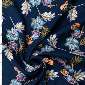 Blue, Peach, and Sage Leafy Floral on Navy Rayon Challis #31969 Fabric By The Yard