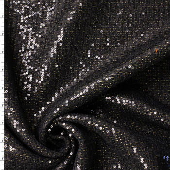 Black and Metallic Gold with Clear Sequins Designer Tweed #32027 Fabric By The Yard