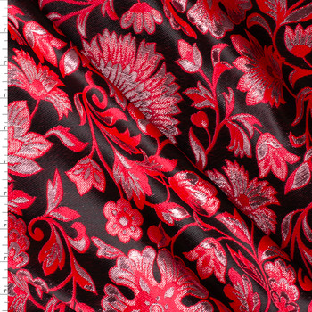 Red, Metallic Pink, and Black Scrolling Floral Designer Brocade #32032 Fabric By The Yard