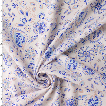 Blue and White Paisley Floral Linen Look Rayon #32036 Fabric By The Yard