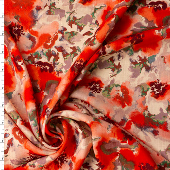 Red and Tan Watercolor Floral Linen Look Rayon #32037 Fabric By The Yard