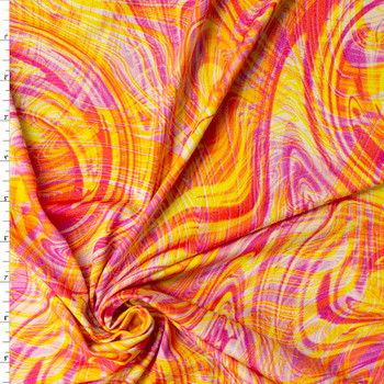 Pink, Orange, and Yellow Layered Swirls Designer Rayon Jersey Knit #32059 Fabric By The Yard