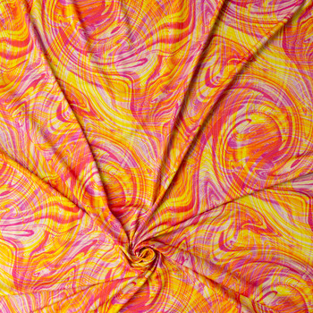 Pink, Orange, and Yellow Layered Swirls Designer Rayon Jersey Knit #32059 Fabric By The Yard - Wide shot