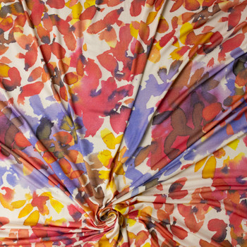 Faded Red, Orange, and Yellow Watercolor Leaves on White Designer Rayon Jersey Knit #32060 Fabric By The Yard - Wide shot