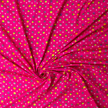 Rose Polka Dots on Hot Pink Designer Cotton Jersey Knit #32061 Fabric By The Yard - Wide shot