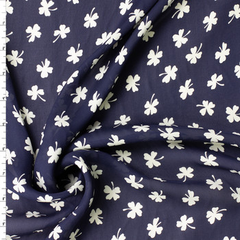Ivory Shamrocks on Navy Blue Silk Chiffon #32065 Fabric By The Yard