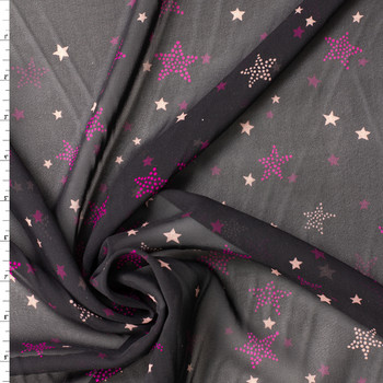 Tan and Purple Stars on Black Silk Chiffon #32066 Fabric By The Yard