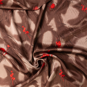 Red Grass Flowers on Brown and Tan Abstract Silk Charmeuse #32067 Fabric By The Yard - Wide shot