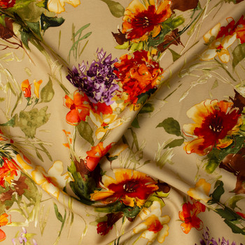 Golden Hour Wildflowers on Tan Twill Weave Silk #32075 Fabric By The Yard - Wide shot