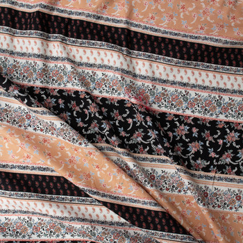 Dusty Rose, Ivory, and Black Floral Boho Stripe Stretch Cotton Poplin #32087 Fabric By The Yard - Wide shot