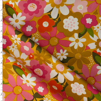 Joyful June Ochre Floral Cotton Canvas from FIGO #32124 Fabric By The Yard