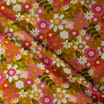 Joyful June Ochre Floral Cotton Canvas from FIGO #32124 Fabric By The Yard - Wide shot