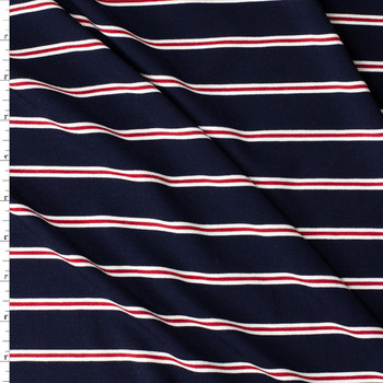 Red, White, and Navy Blue Horizontal Pencil Stripe Stretch Rayon/Spandex Jersey #32182 Fabric By The Yard